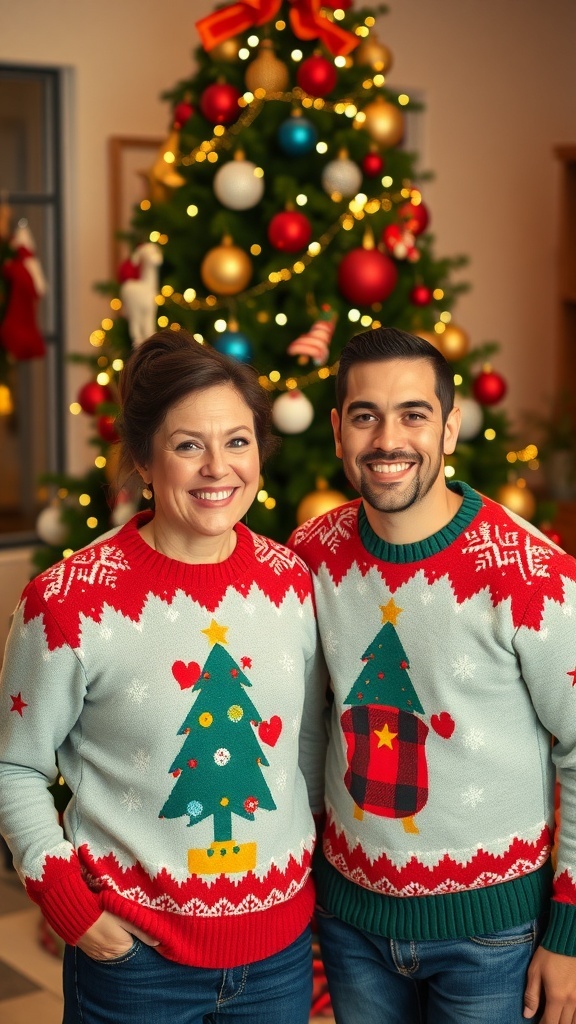 Couple in matching Christmas sweaters in front of a decorated tree.
